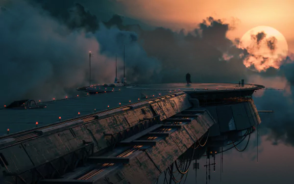 Sci-fi spaceport at dusk: a massive docking platform extends into cloud-covered skies beneath a glowing moon — 5K Ultra HD PC desktop wallpaper/background.