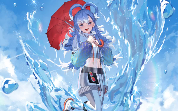 4K Ultra HD anime-style wallpaper featuring Kobo Kanaeru, a Virtual YouTuber from hololive, holding a red umbrella surrounded by dynamic water effects and a bright blue sky.