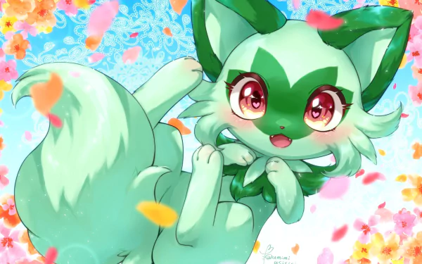 HD PC desktop wallpaper featuring Sprigatito, the Pokémon from Pokémon: Scarlet and Violet, surrounded by colorful petals against a vibrant floral background.