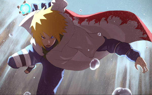 4K Ultra HD anime wallpaper featuring Minato Namikaze from Naruto, depicted in dynamic motion with glowing Rasengan and flowing cloak underwater.