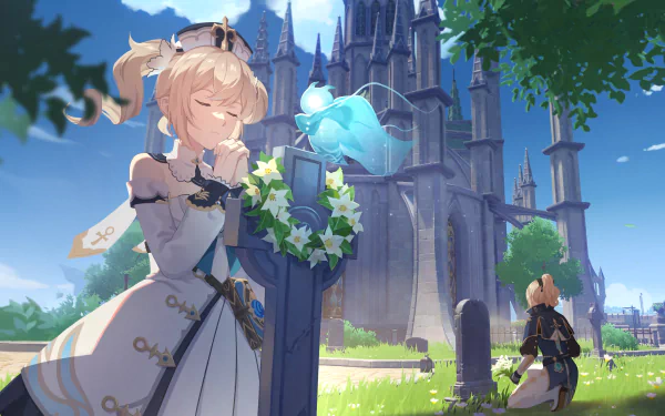 Barbara (Genshin Impact) kneels by a flower-wreathed memorial as a glowing Seelie floats nearby, cathedral spires in the background — 5K Ultra HD PC wallpaper.