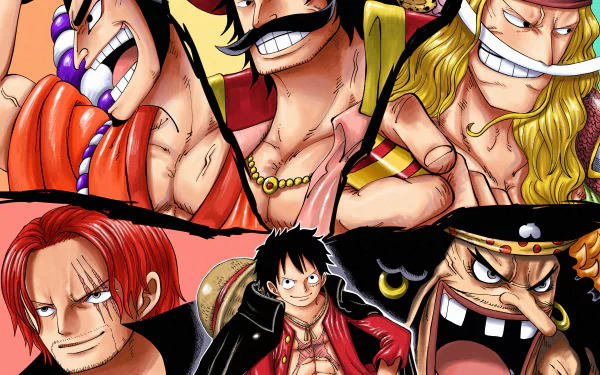 4K Ultra HD One Piece wallpaper featuring Gol D. Roger, Edward Newgate, Kozuki Oden, Marshall D. Teach, Shanks, and Monkey D. Luffy in a dynamic anime-style composition.
