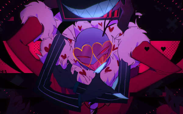 HD PC wallpaper: Vox and Valentino from the TV show Hazbin Hotel — Vox with glowing heart-shaped goggles and grin, Valentino looming behind in a crimson fur coat.