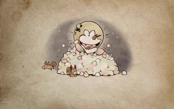 HD PC desktop wallpaper featuring Moon Rabbit Cookie from the video game COOKIE RUN: KINGDOM, surrounded by petals with a soft, textured background.