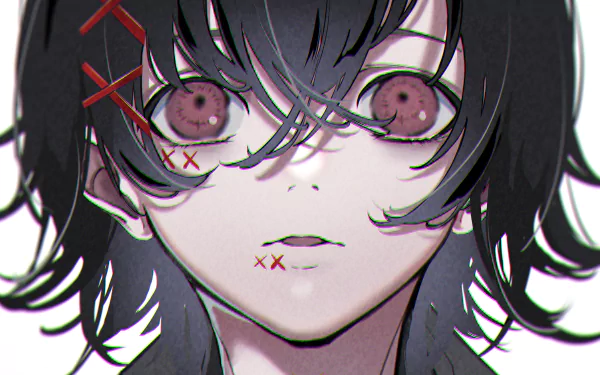 Close-up of Juuzou Suzuya (Anime, Tokyo Ghoul:re): pale face, wide pink eyes, black hair with red pins and stitched X marks — 2K Quad HD PC desktop wallpaper background.