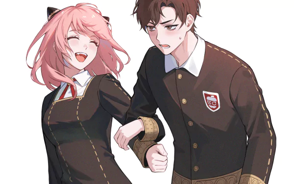 HD anime wallpaper featuring Damian Desmond and Anya Forger from Spy x Family, both in school uniforms with expressive poses against a plain background.