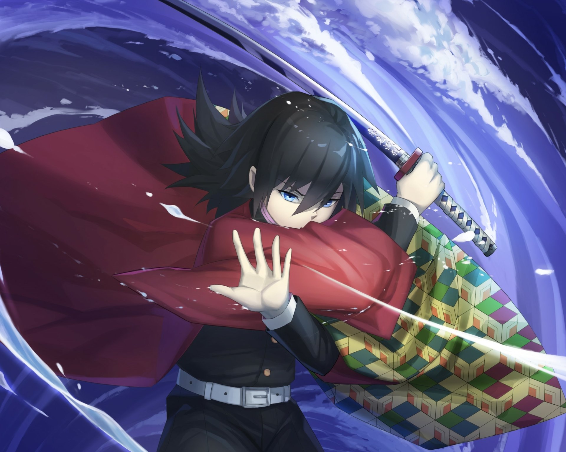 HD PC desktop wallpaper of Giyuu Tomioka from Demon Slayer: Kimetsu no Yaiba — anime scene with him in a flowing red and patterned haori, wielding a sword amid swirling water.