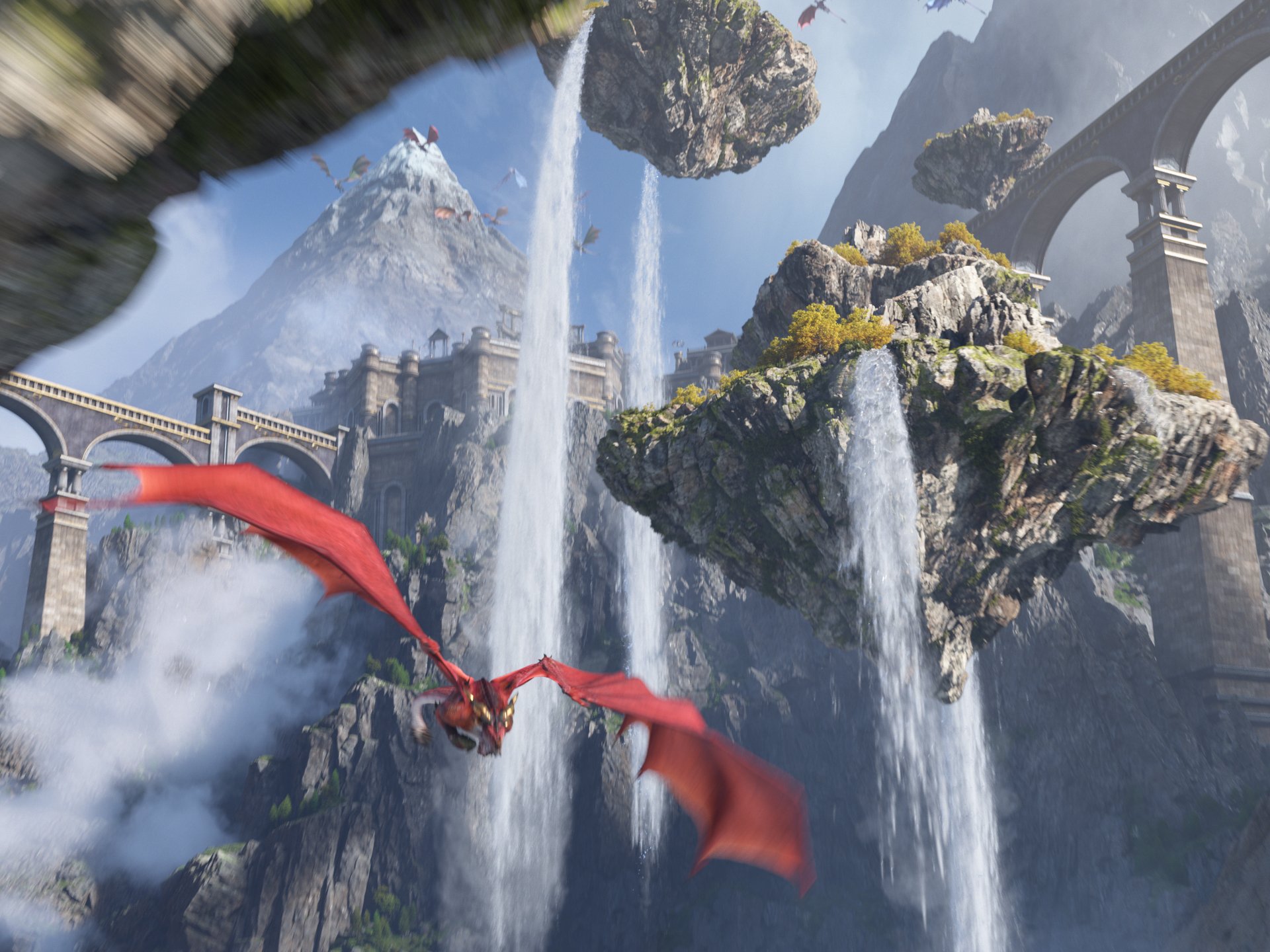 HD PC desktop wallpaper from the video game World of Warcraft: Dragonflight, featuring a red dragon soaring over waterfalls and floating islands near ancient ruins.