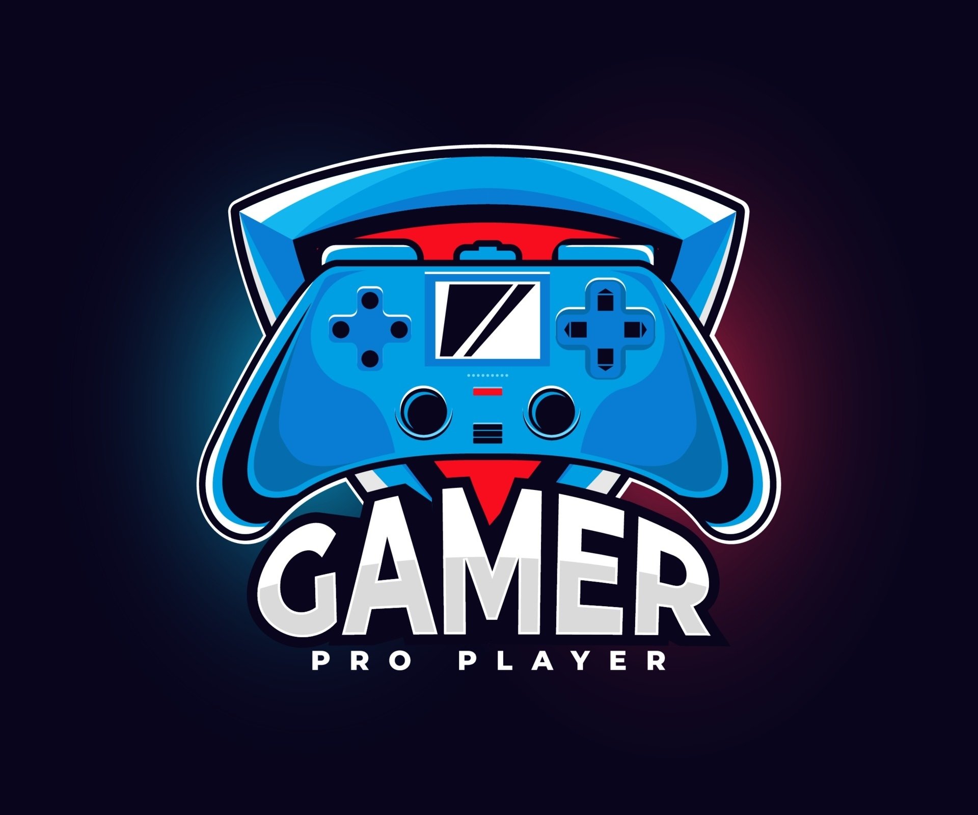 HD PC desktop wallpaper showing a bold blue video game controller emblem on a shield with neon glow and large GAMER PRO PLAYER text — gamer video game background.