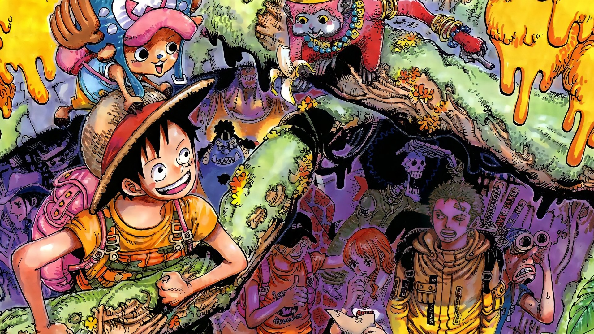 Vibrant HD One Piece wallpaper featuring Monkey D. Luffy, Nico Robin, Usopp, Tony Tony Chopper, and Roronoa Zoro in dynamic anime action scenes.