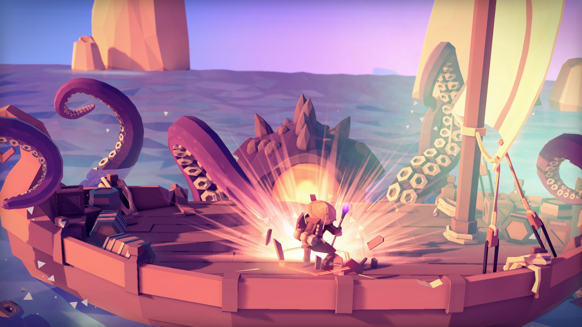 HD wallpaper of For The King game featuring a character battling tentacles on a boat, with a stylized sunset ocean backdrop.