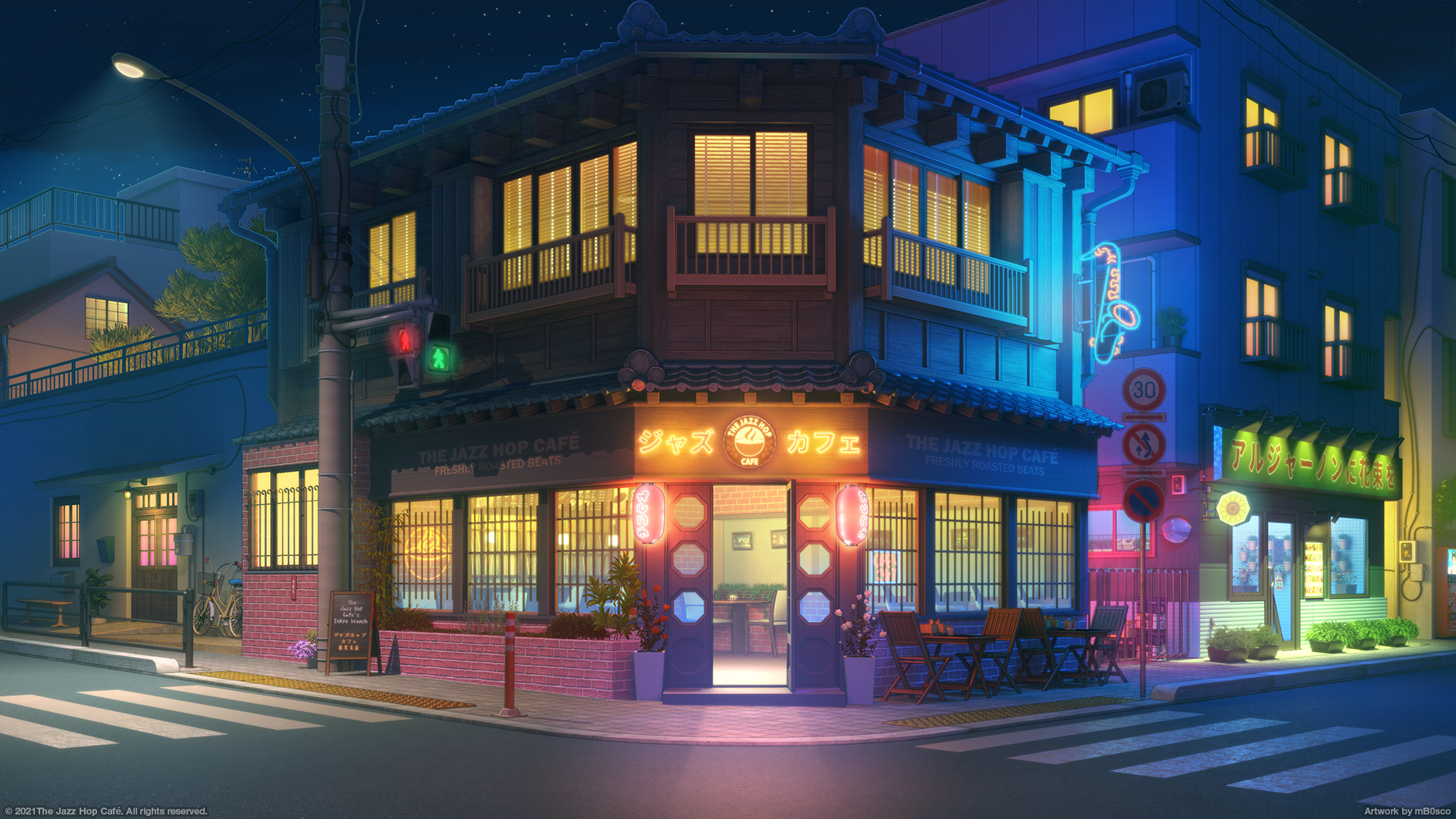 Anime-style lofi HD desktop wallpaper depicting a cozy street corner shop glowing warmly at night in a quiet urban setting.