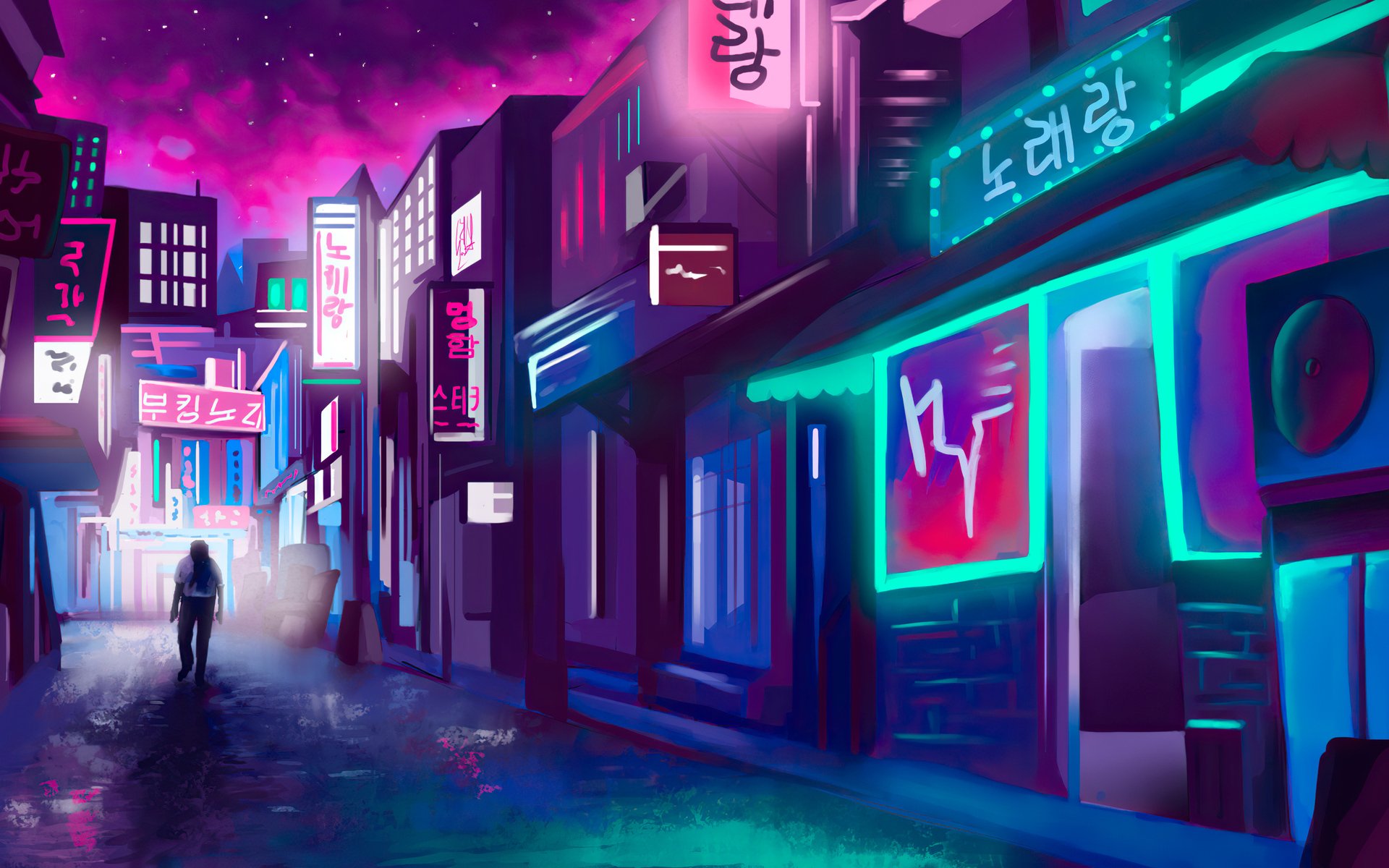 Artistic neon-lit city street at night in vibrant pink and blue tones, creating a futuristic atmosphere in this HD PC desktop wallpaper and background.
