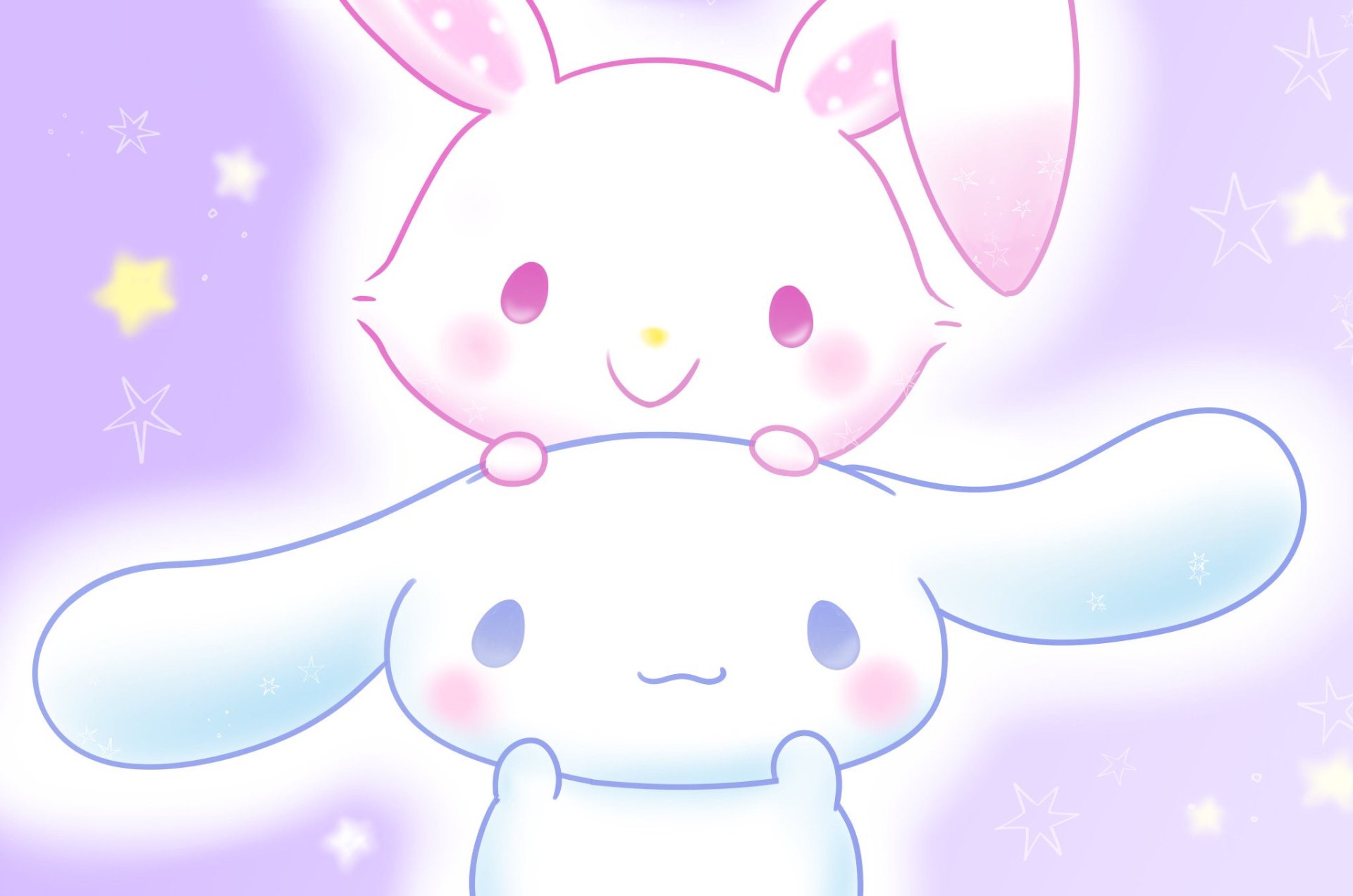 Anime-style HD desktop wallpaper featuring Sanrio's Cinnamoroll and a pink bunny character against a soft purple background with stars and sparkles.