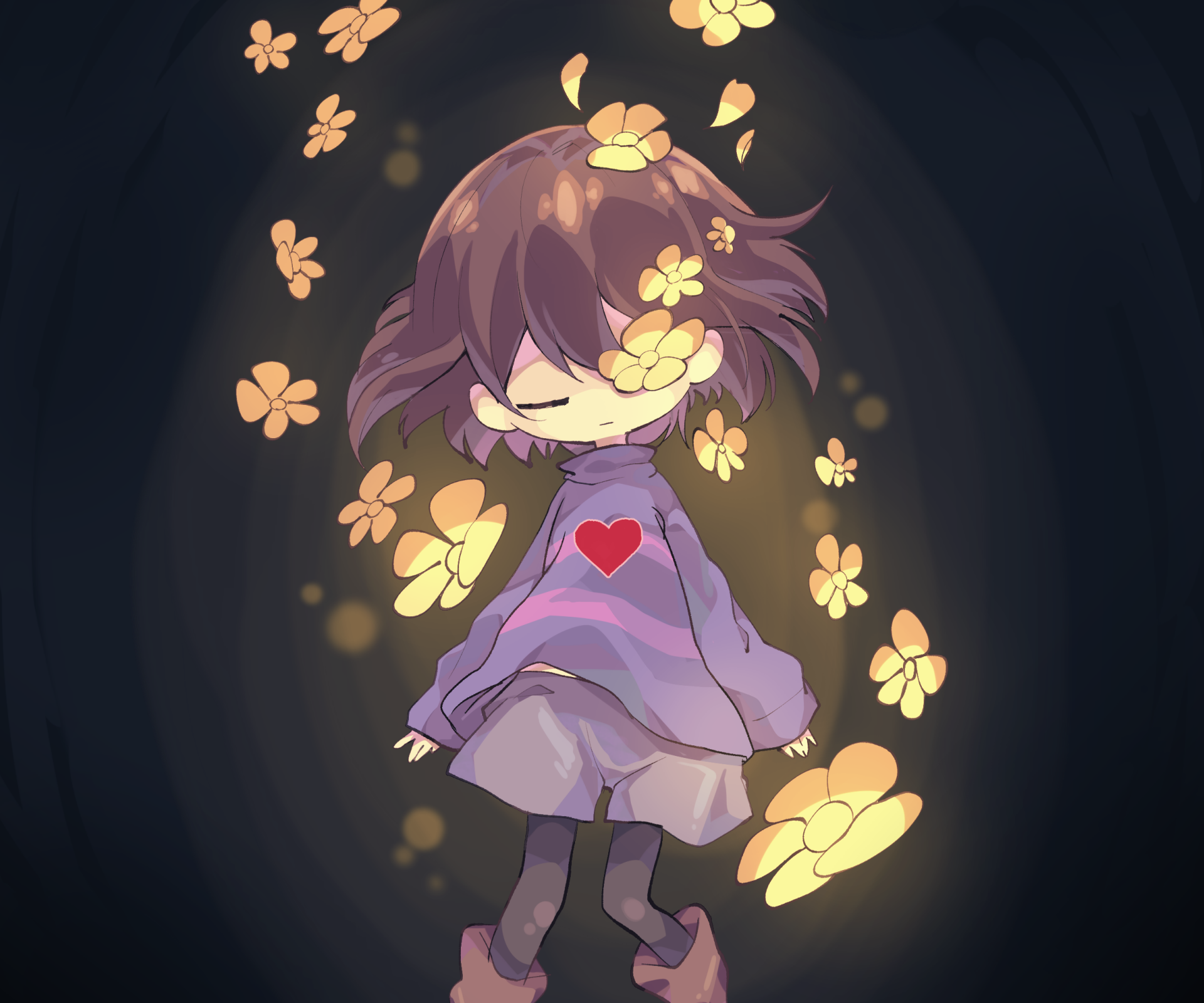 HD PC desktop wallpaper of Frisk (Undertale) from the video game Undertale: eyes closed, wearing a purple sweater with a red heart, surrounded by glowing yellow flowers.
