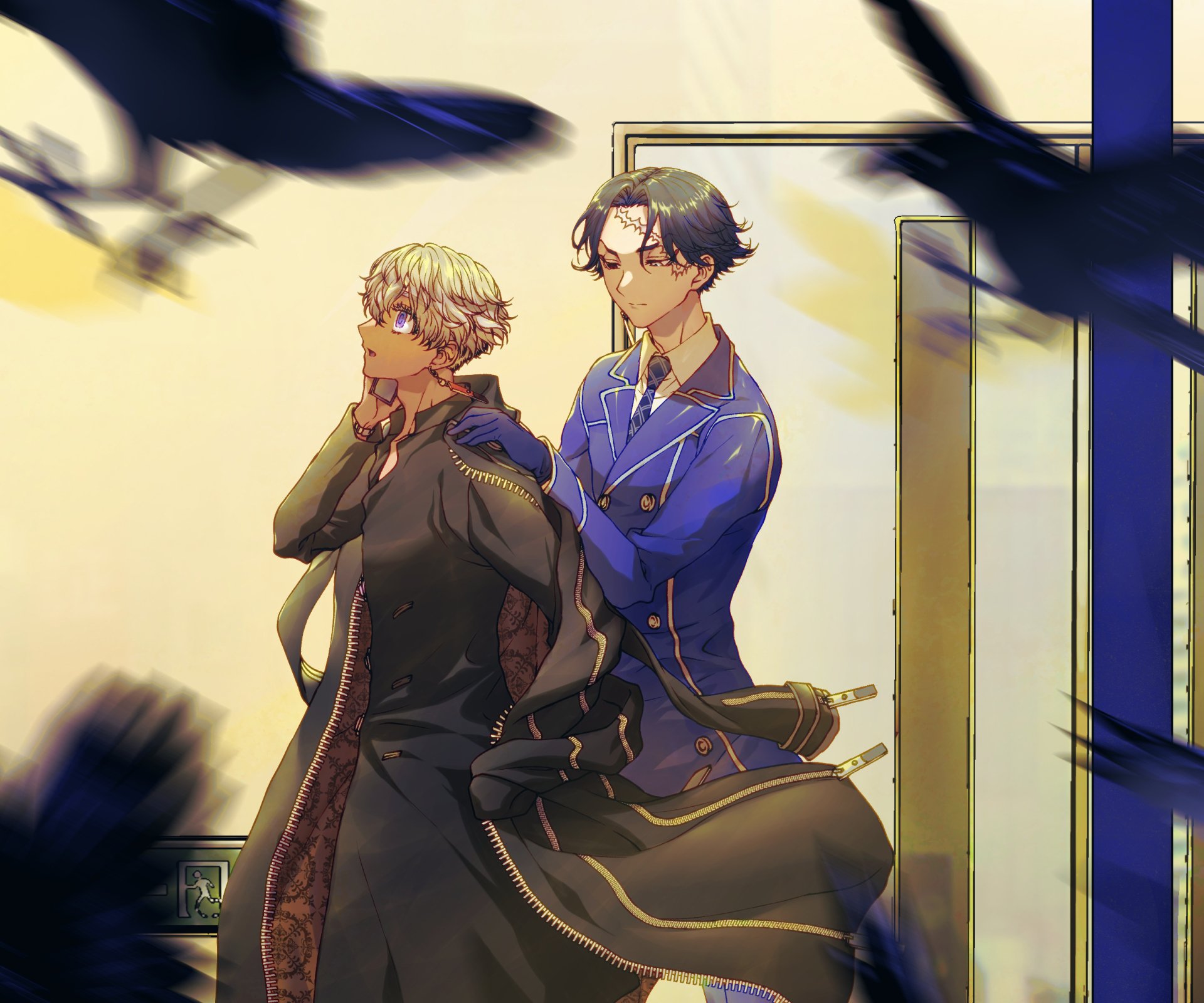 HD PC desktop wallpaper featuring Izana Kurokawa from the anime Tokyo Revengers, showcasing two characters in detailed attire with a softly lit background.