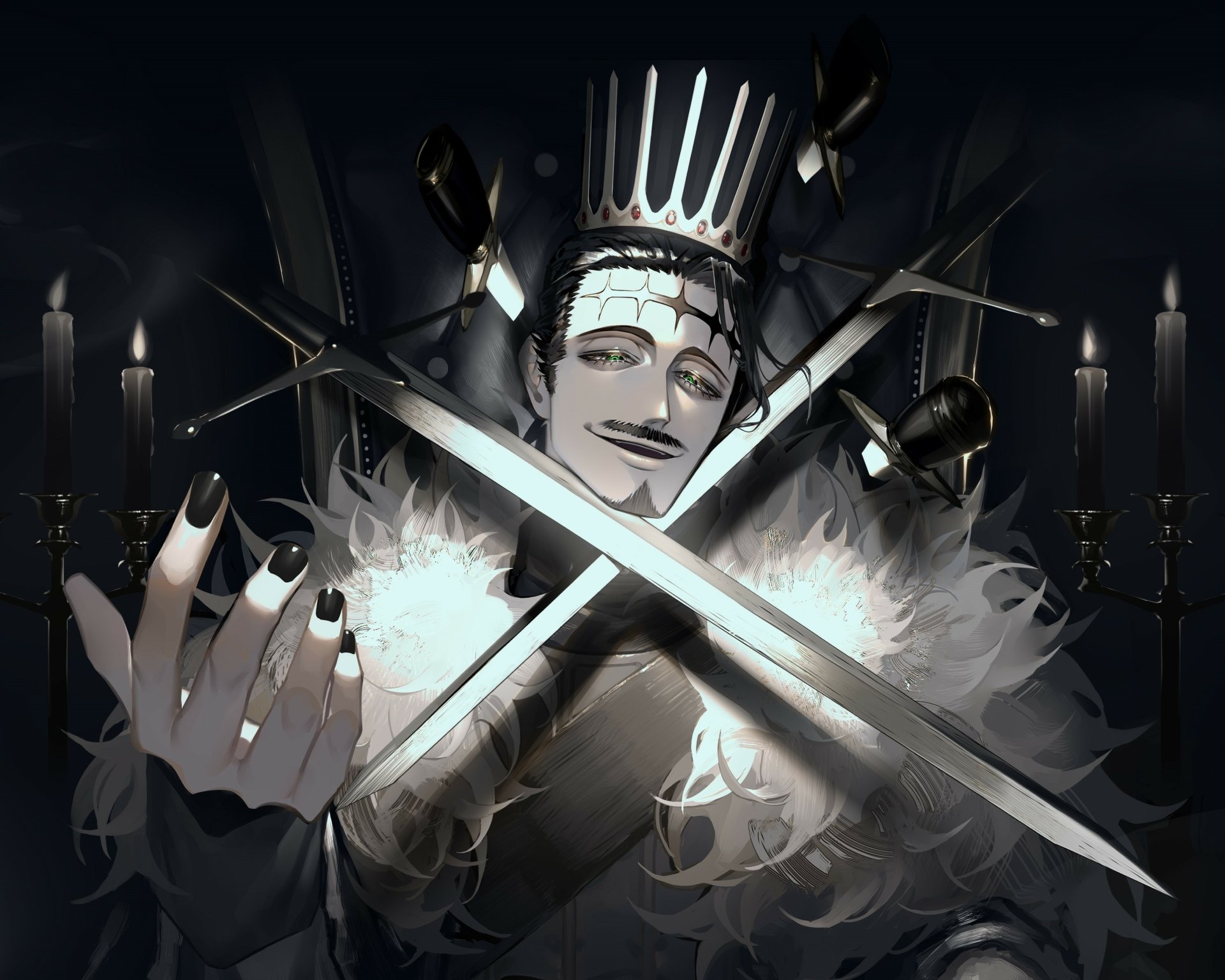 Dante (Black Clover) anime HD PC desktop wallpaper: grinning Dante in a tall crown and white fur collar, black nails, two crossed swords glowing amid candlelit darkness.
