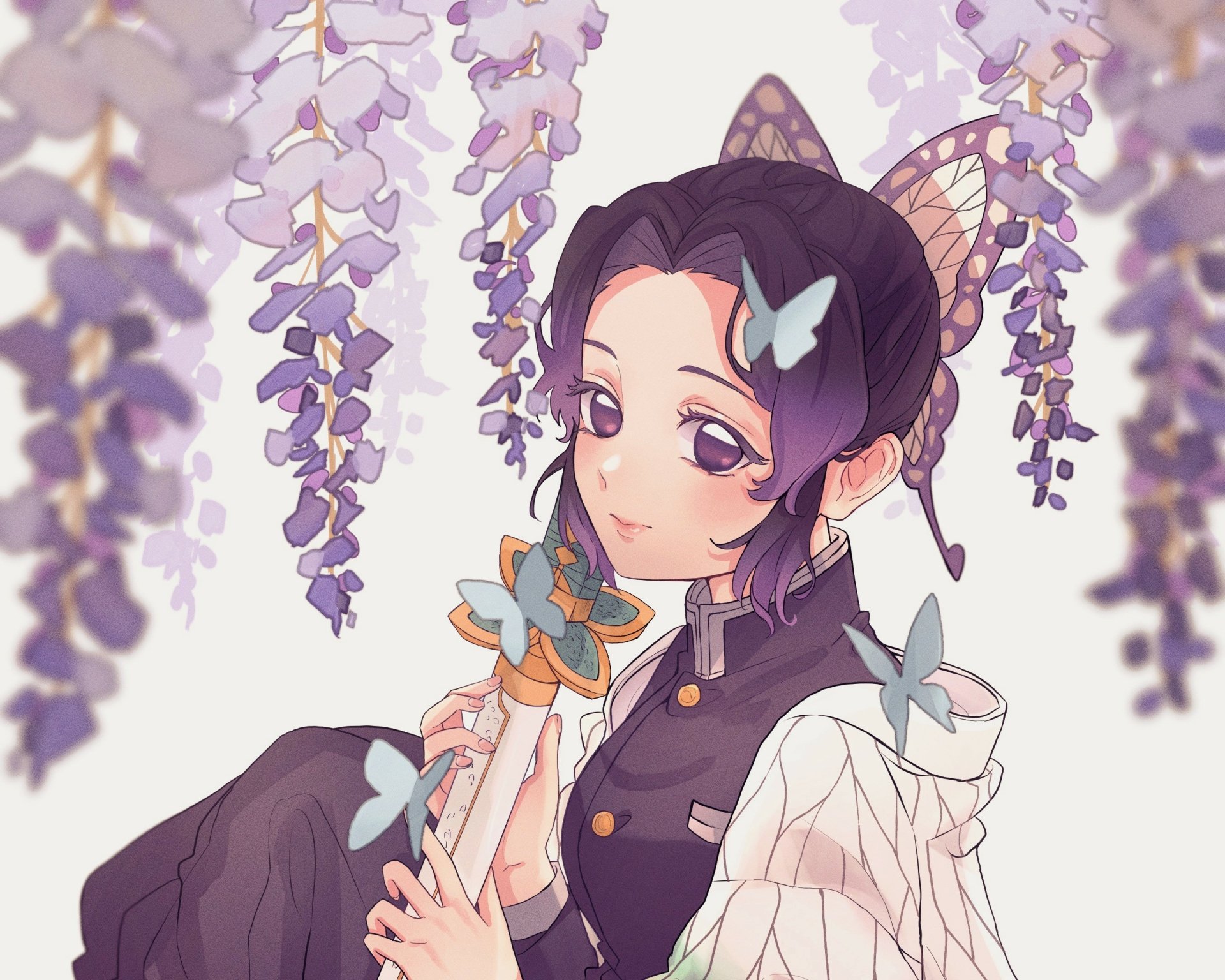 HD PC desktop wallpaper featuring Shinobu Kocho from the anime Demon Slayer: Kimetsu no Yaiba, surrounded by delicate purple wisteria flowers and butterflies.