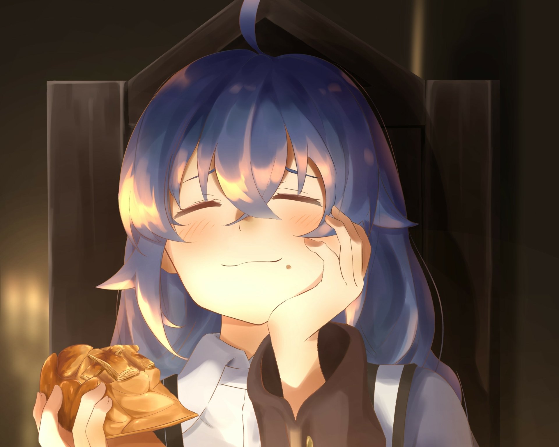 HD anime desktop wallpaper featuring Roxy Migurdia from Mushoku Tensei: Jobless Reincarnation, showcasing her with closed eyes and a gentle smile in warm lighting.