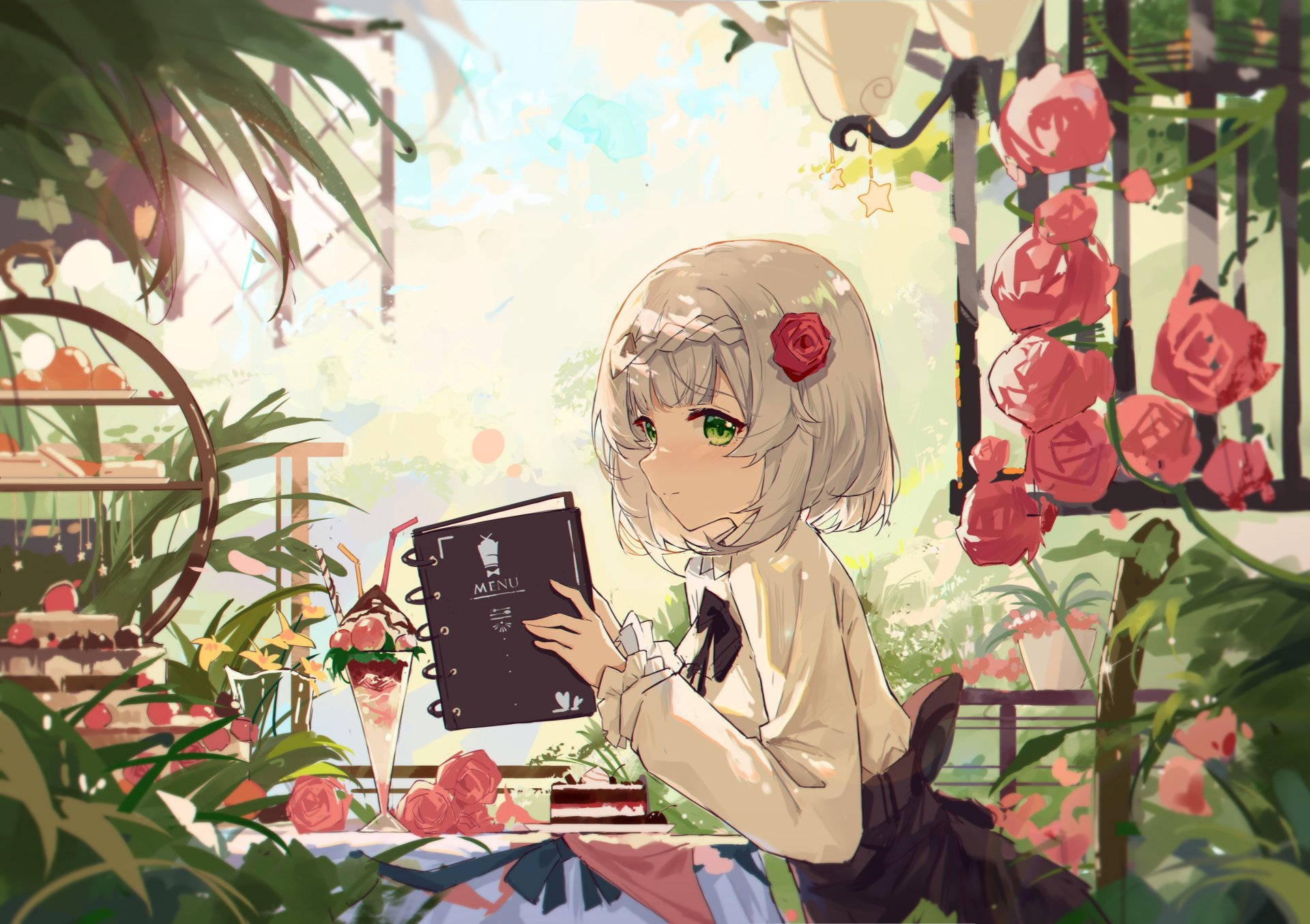 Noelle from Genshin Impact sits in a sunlit garden surrounded by roses, holding a book in this detailed 4K Ultra HD PC desktop wallpaper from the video game.