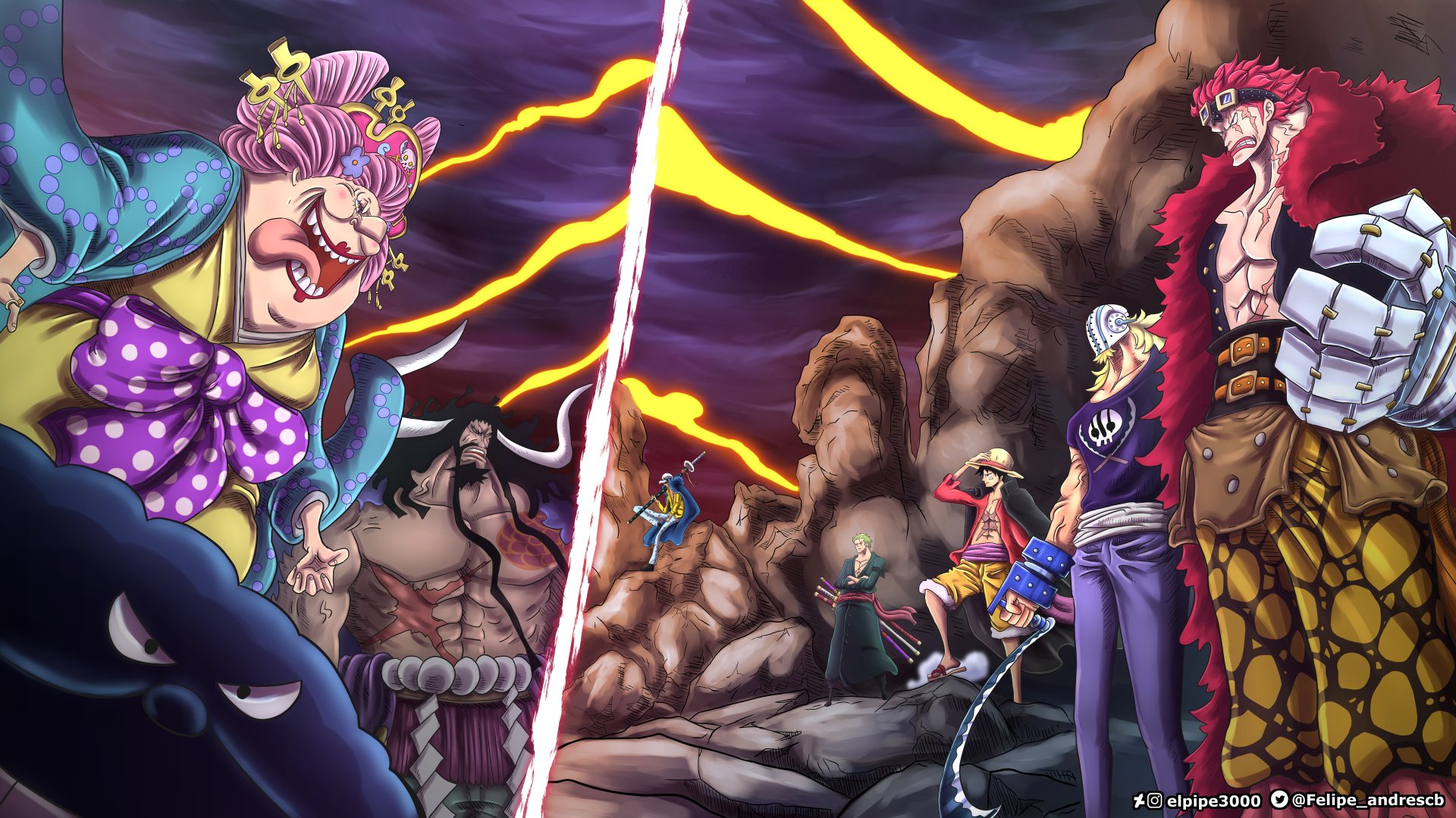 Vibrant 8K Ultra HD One Piece anime wallpaper featuring Monkey D. Luffy, Charlotte Linlin, and Kaido in an intense standoff with dynamic lighting and rocky terrain.