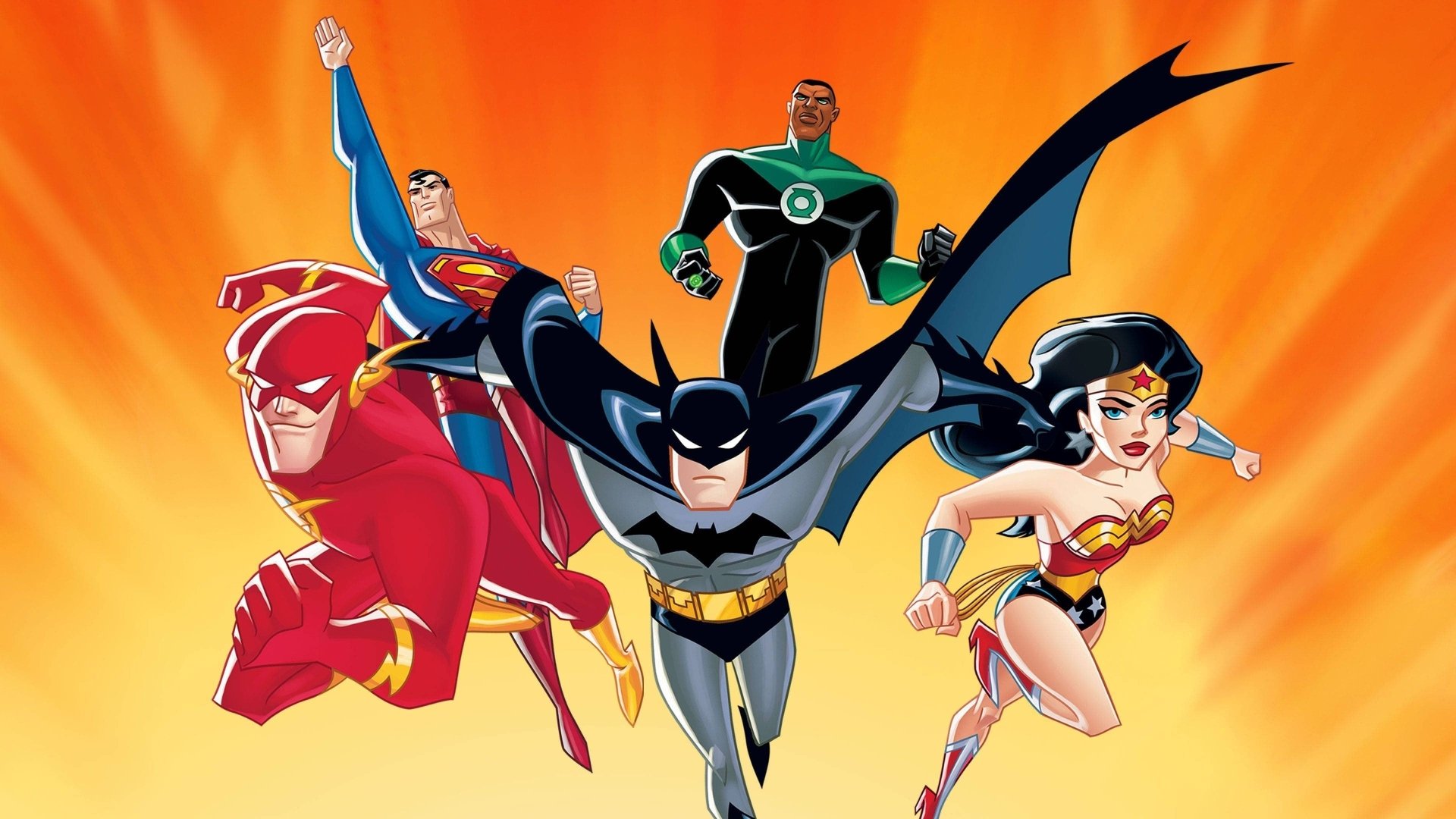 4K Ultra HD desktop wallpaper of Justice League Unlimited: Superman, Flash, Batman, Wonder Woman and John Stewart Green Lantern charging forward on an orange burst background.