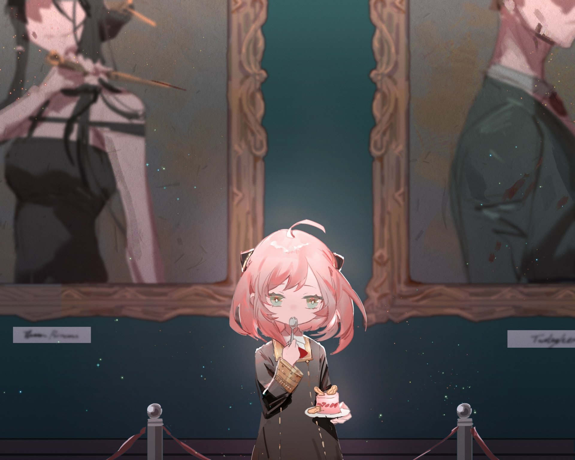 Anya Forger from Spy x Family, depicted in vibrant anime style, featured in a 4K Ultra HD desktop wallpaper with detailed background portraits.