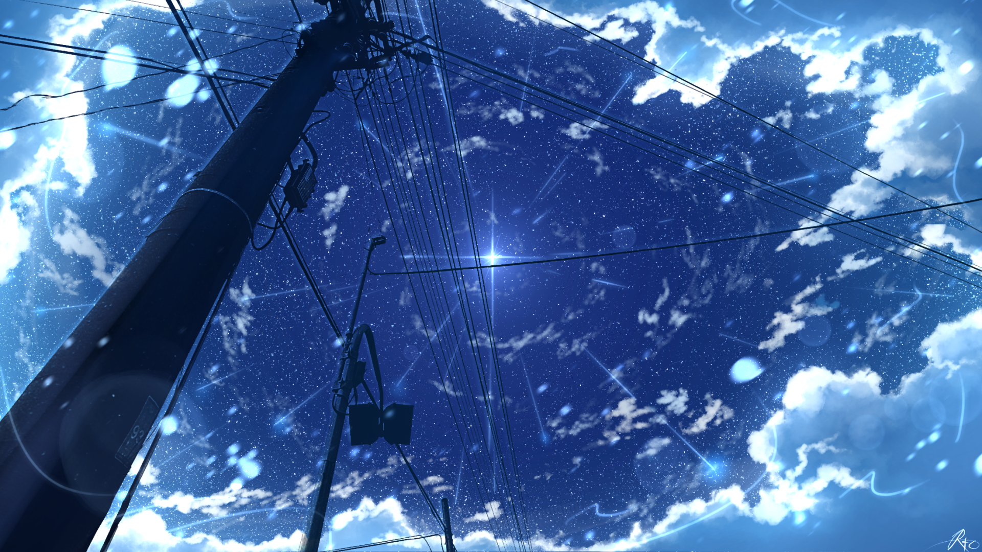 HD anime-style desktop wallpaper featuring a dynamic view of a bright blue sky with clouds, power lines, and electric poles creating a vivid sky anime scene.