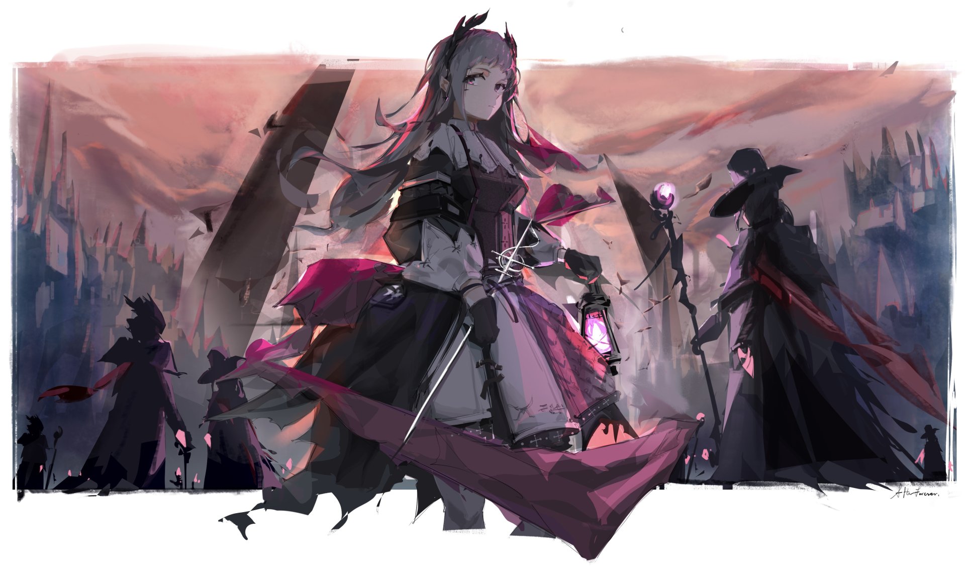 Irene (Arknights) stands amid a ruined battlefield, flanked by cloaked allies, dark-pink and gray tones — 4K Ultra HD PC desktop wallpaper from the Arknights video game.