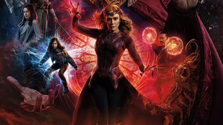 HD desktop wallpaper featuring Elizabeth Olsen as Scarlet Witch in Doctor Strange in the Multiverse of Madness, surrounded by mystical and multiverse elements.