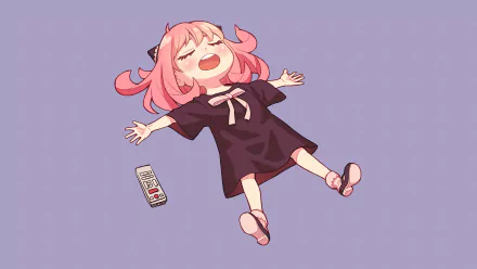 Anime-style 4K Ultra HD desktop wallpaper featuring Anya Forger from Spy x Family lying on her back with a remote nearby against a plain purple background.