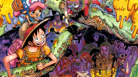 Vibrant HD One Piece wallpaper featuring Monkey D. Luffy, Nico Robin, Usopp, Tony Tony Chopper, and Roronoa Zoro in dynamic anime action scenes.