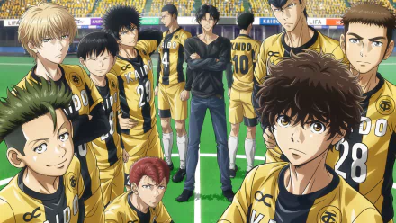 HD PC desktop wallpaper featuring the main soccer team characters from the anime Ao Ashi, shown standing on a green field inside a stadium.
