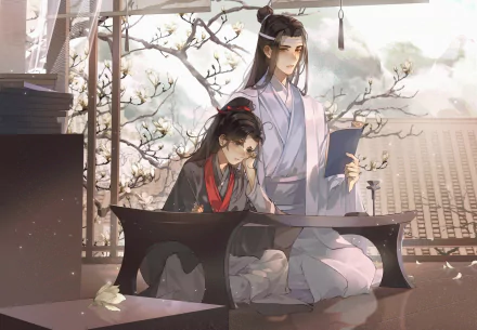 HD anime desktop wallpaper featuring Wei Wuxian and Lan Wangji from Mo Dao Zu Shi, set in a serene room with blossoming branches outside the window.
