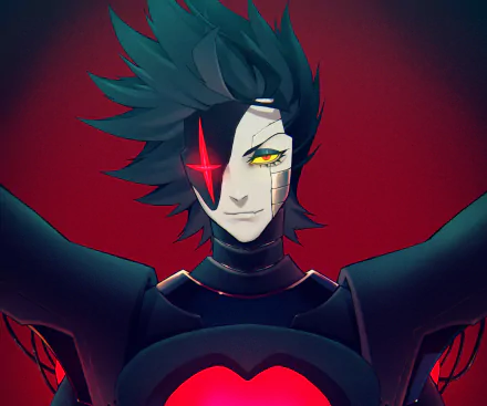 HD PC desktop wallpaper of Mettaton Neo from Undertale: dark armored humanoid with spiky black hair, a glowing red cross-eye implant and yellow eye, smirking against a deep red background.