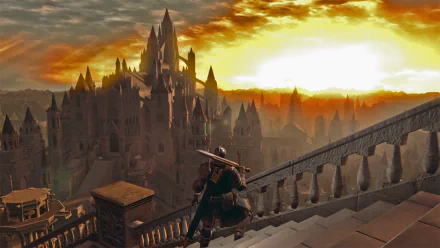 HD PC desktop wallpaper featuring a Dark Souls video game scene with a warrior overlooking a grand castle at sunset.