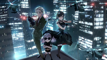 Loid Forger, Yor Forger, and Anya Forger from Spy x Family pose against a futuristic cityscape in this 4K Ultra HD anime wallpaper.