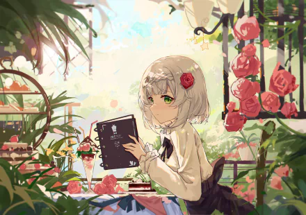 Noelle from Genshin Impact sits in a sunlit garden surrounded by roses, holding a book in this detailed 4K Ultra HD PC desktop wallpaper from the video game.