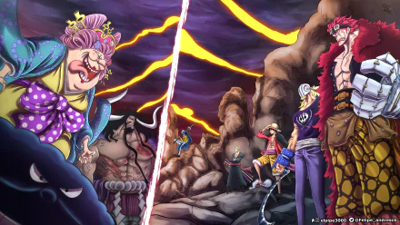 Vibrant 8K Ultra HD One Piece anime wallpaper featuring Monkey D. Luffy, Charlotte Linlin, and Kaido in an intense standoff with dynamic lighting and rocky terrain.