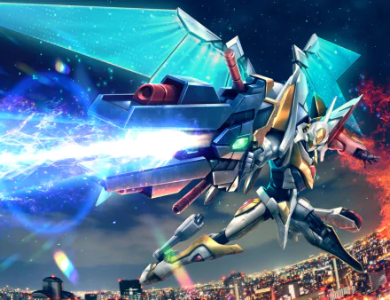 HD anime desktop wallpaper featuring the Lancelot Albion mecha from Code Geass, depicted in dynamic flight with glowing energy effects against a vibrant sky.