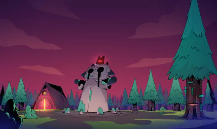 HD PC desktop wallpaper from the video game Cult of the Lamb features a dark, eerie forest scene with a large stone statue and glowing tents under a purple sky.