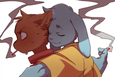 HD desktop wallpaper featuring Burgerpants and Nice Cream Guy from the video game Undertale in a close, affectionate embrace.