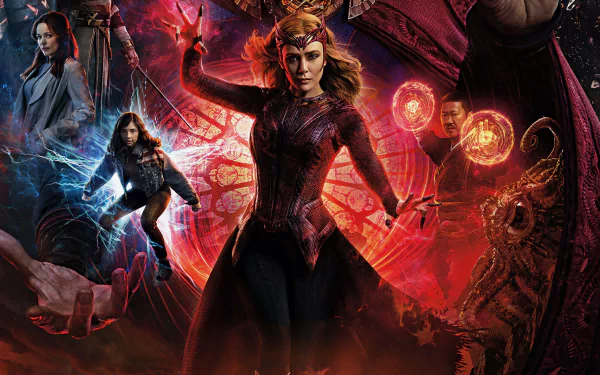 HD desktop wallpaper featuring Elizabeth Olsen as Scarlet Witch in Doctor Strange in the Multiverse of Madness, surrounded by mystical and multiverse elements.