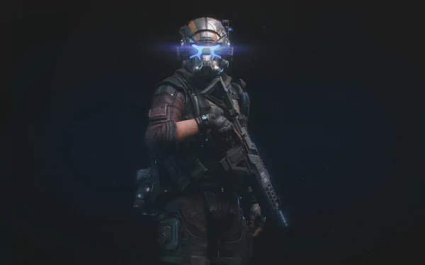 Titanfall 2 video game pilot with glowing visor and rifle stands in shadow — cinematic 5K Ultra HD PC desktop wallpaper/background.