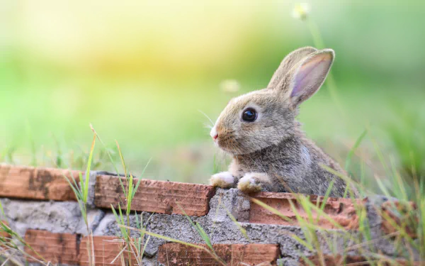 Rabbit peeking over a low brick wall amid soft green bokeh — 2K Quad HD PC desktop wallpaper/background, animal.