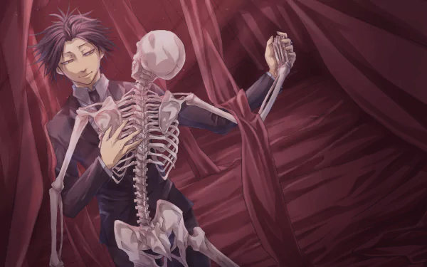 HD anime desktop wallpaper featuring Feitan Portor from Hunter x Hunter dancing with a skeleton against a dark, draped background.