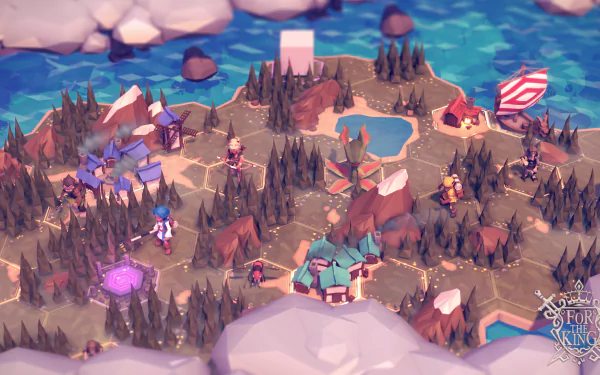 HD desktop wallpaper featuring a stylized fantasy landscape from the game 'For The King', with colorful terrain, characters, and buildings.