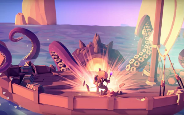 HD wallpaper of For The King game featuring a character battling tentacles on a boat, with a stylized sunset ocean backdrop.