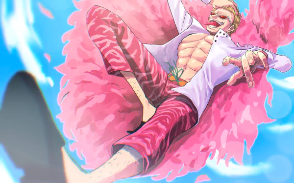 Donquixote Doflamingo from One Piece lounging amid pink feathers, open shirt and patterned pants — vibrant 5K Ultra HD PC desktop wallpaper.