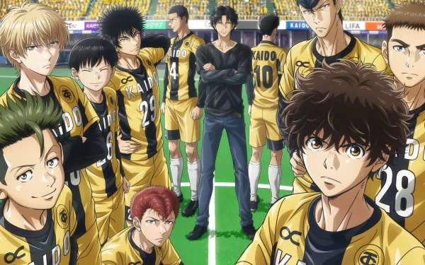 HD PC desktop wallpaper featuring the main soccer team characters from the anime Ao Ashi, shown standing on a green field inside a stadium.